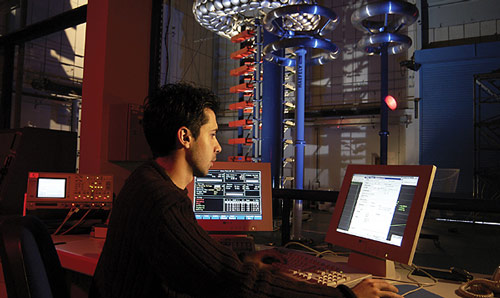 Working in the control room of the high voltage laboratory